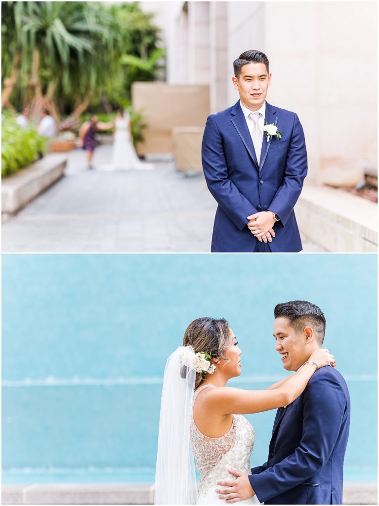 Bride and groom sharing a first look in front of the fountain at the Prince Waikiki Hotel