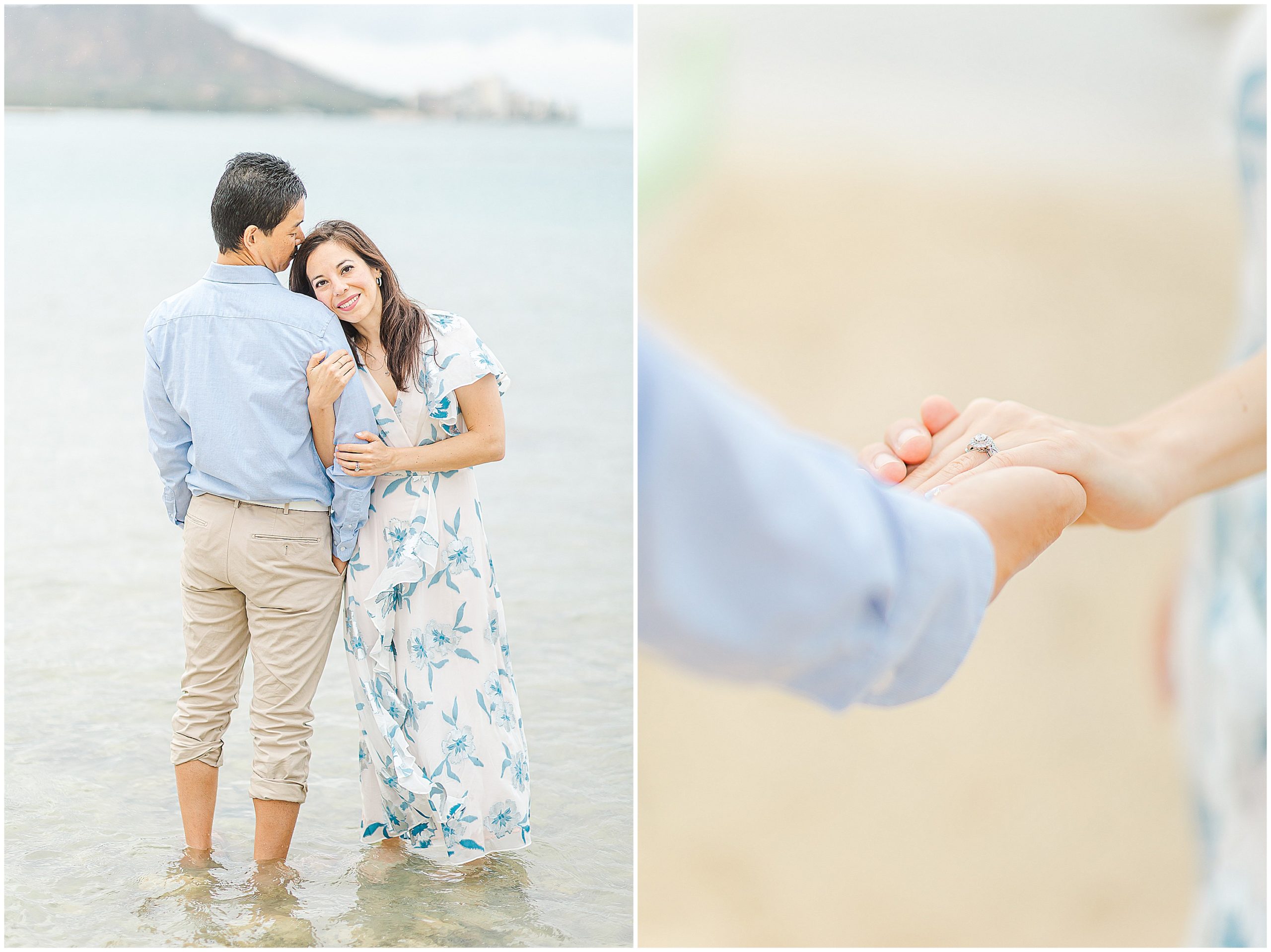 engagement photos on the beach. one image shows the couple standing in the water. the second image is a photo of the couple holding hands.