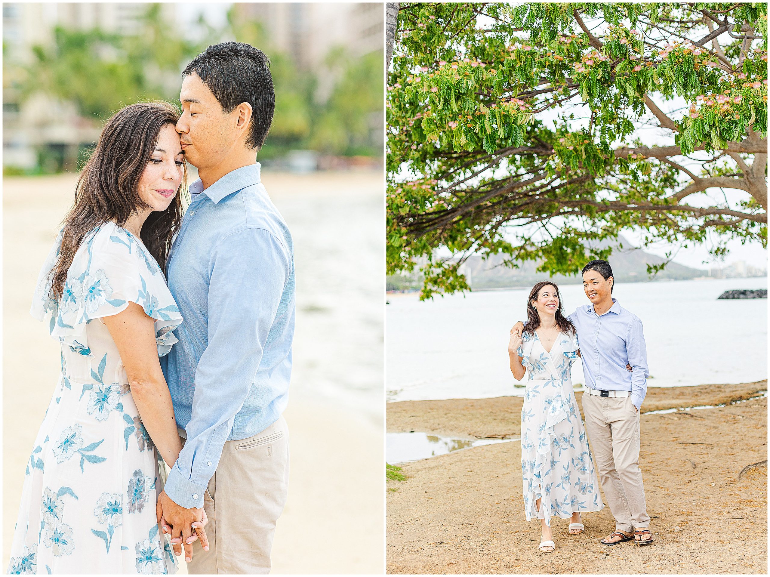 engagement photos at the beach. one image shows the groom kissing her head and the other is the two of them laughing and walking under a tree.