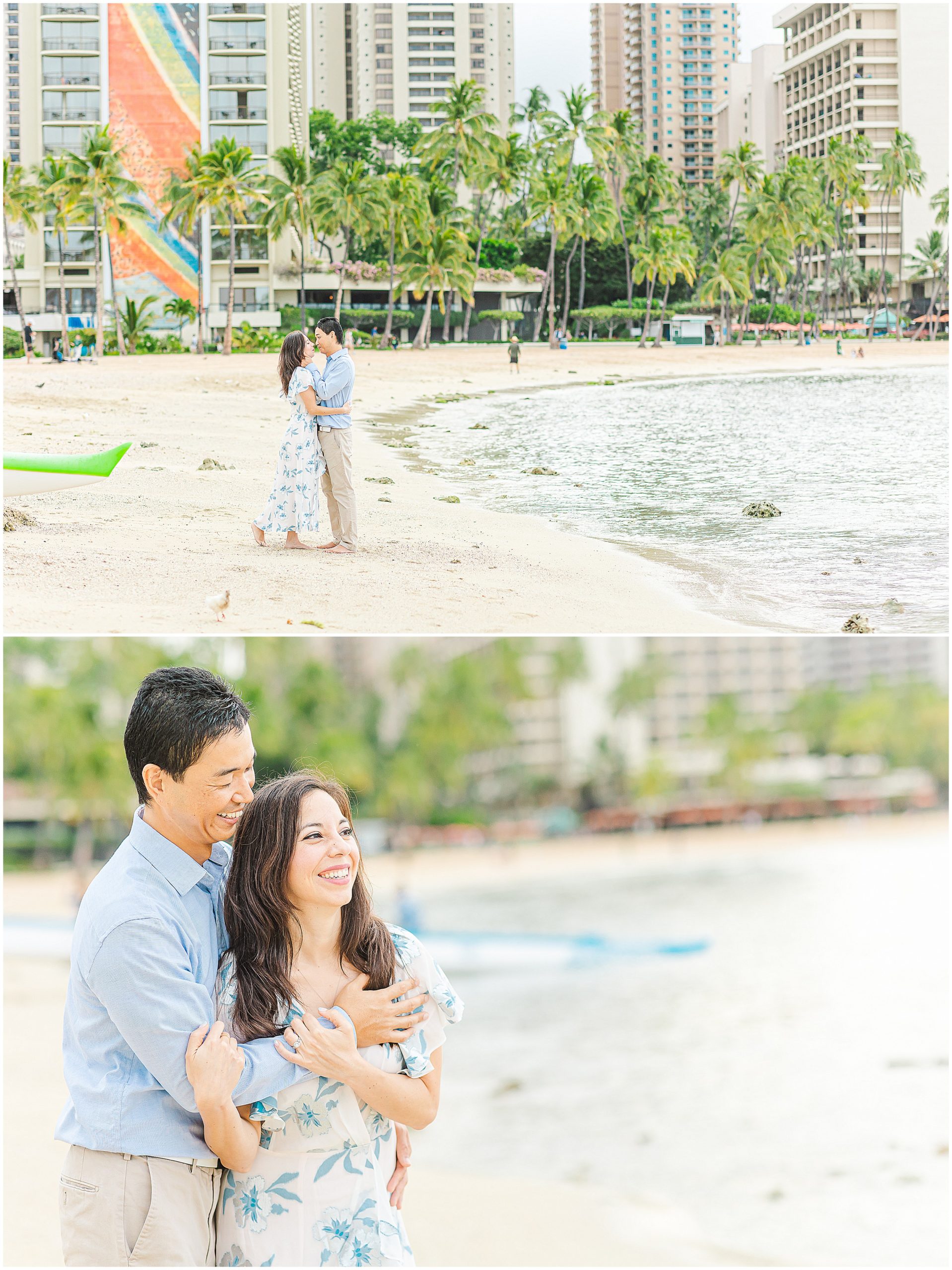 engagement photos on the beach in waikiki with the couple laughing out over the water
