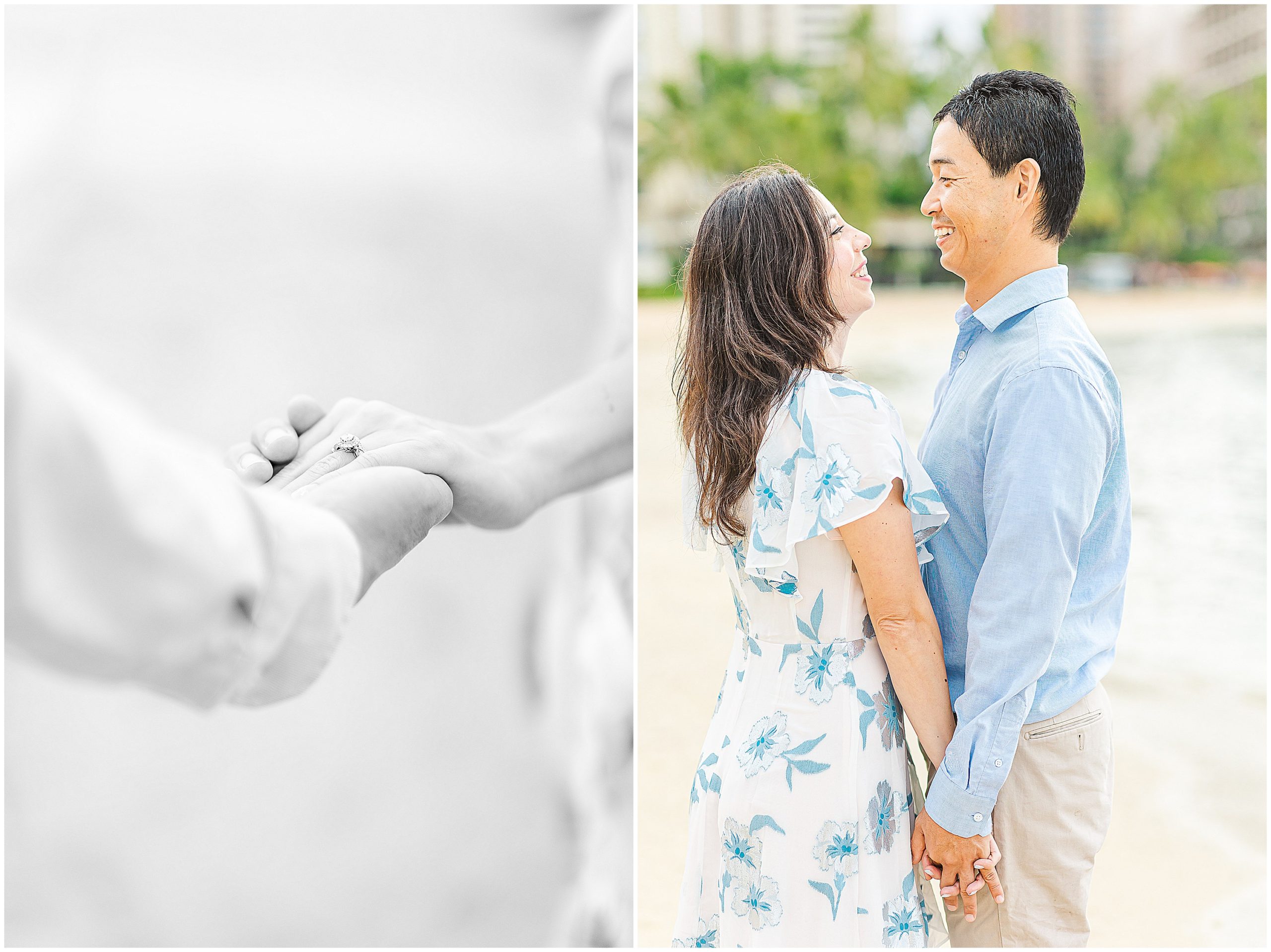 engagement photos on the beach in waikiki. the couple is holding hands in one image and the other has them laughing at eachother.