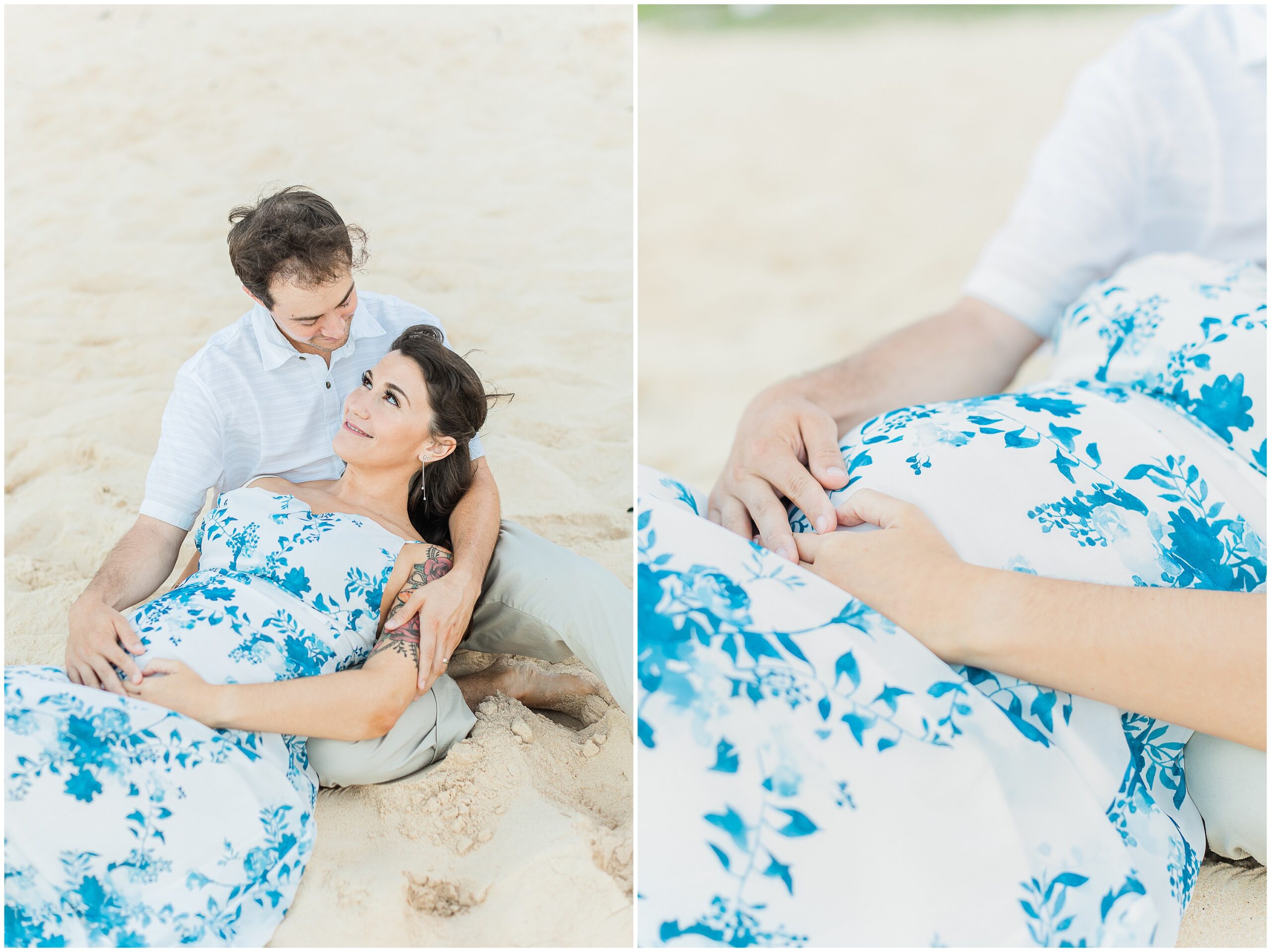 two side-by-side images featuring maternity portraits of a couple laying down in the sand. left: shows both mom and dad holding belly. right: shows close up of the expecting parents holding her belly.