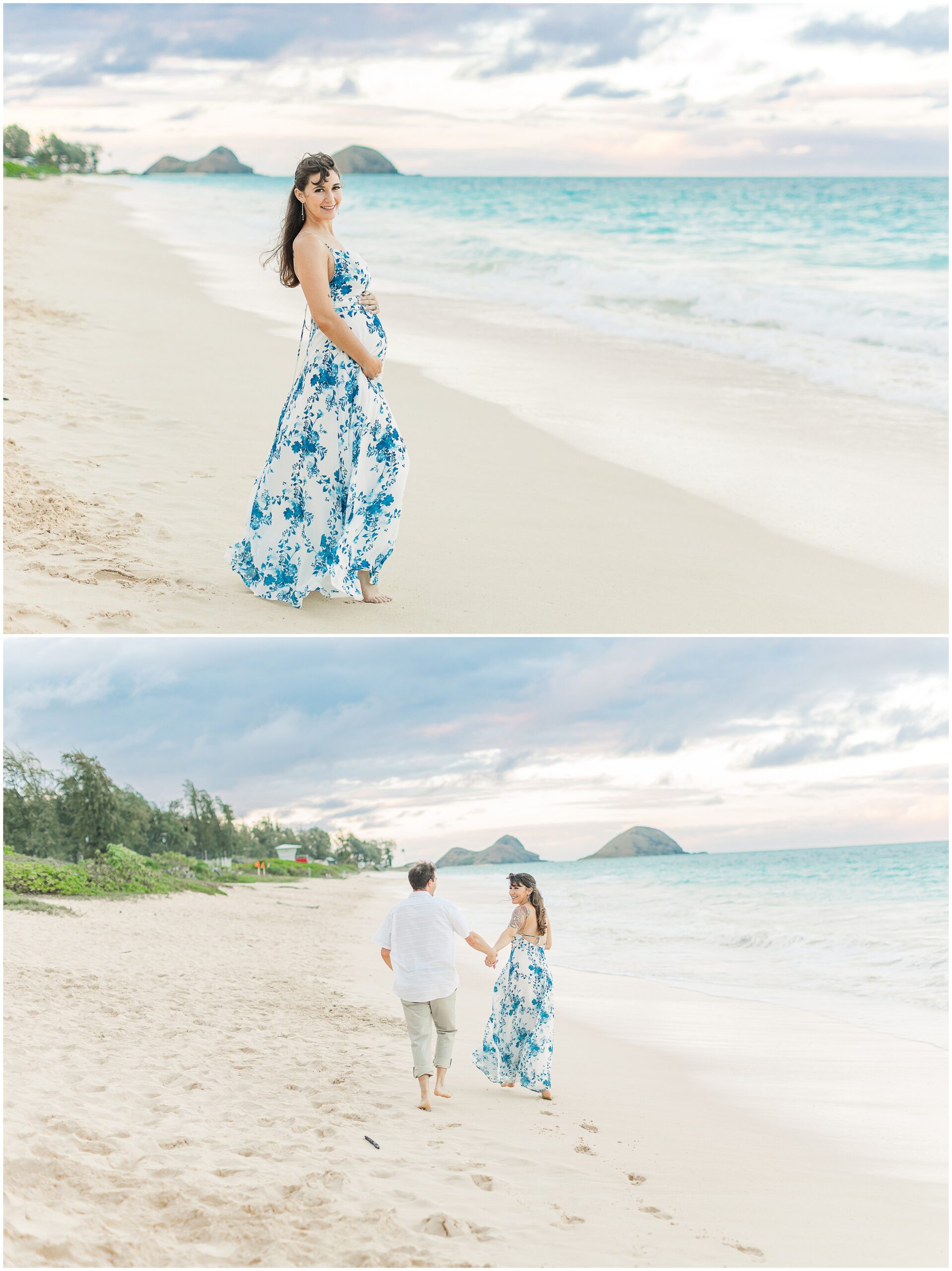 top: solo portrait of expecting mother standing on the sand smiling at the camera with two small islands in the distance. bottom: expecting parents frolicking on the beach with two small islands in the distance.