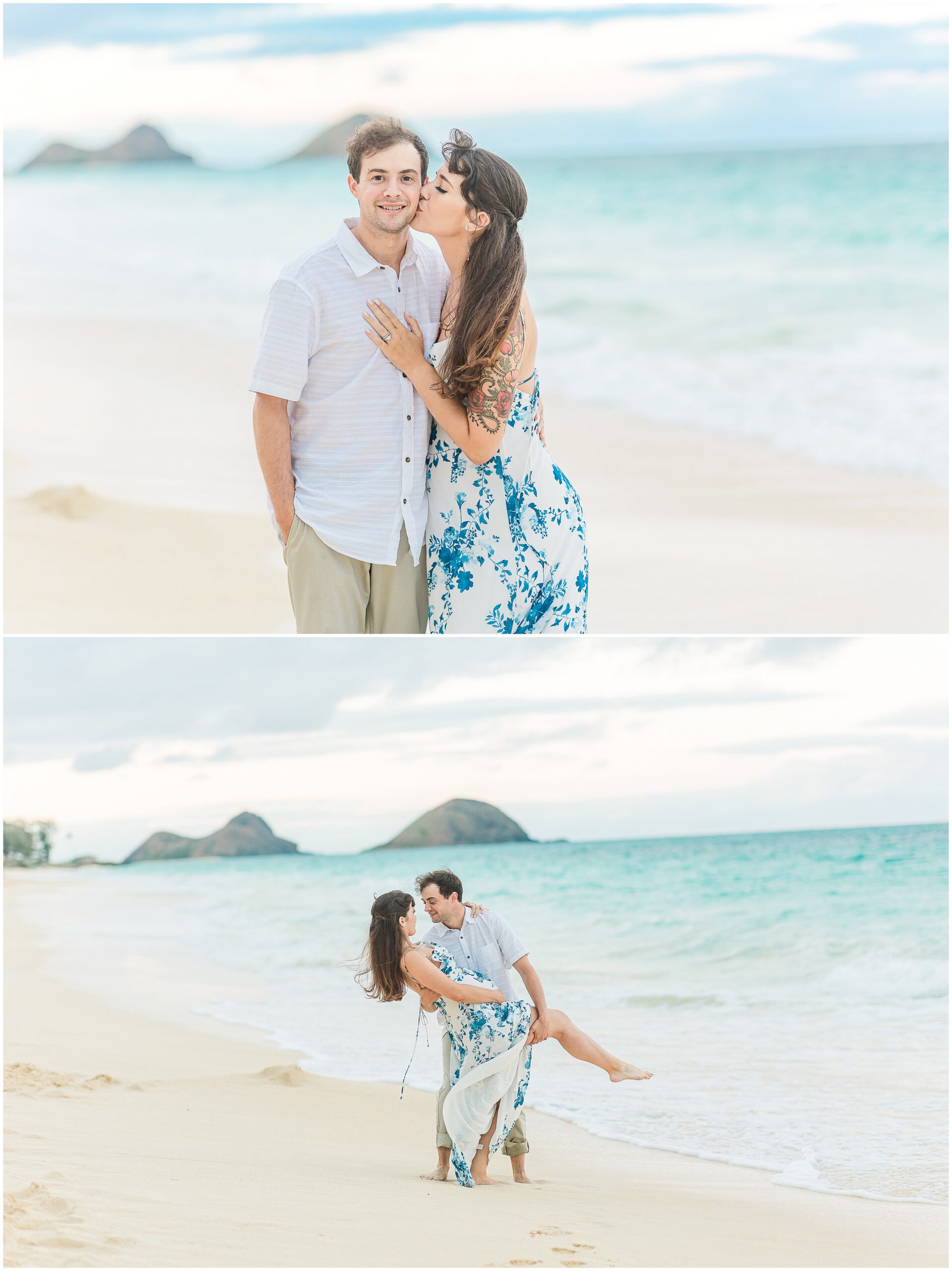 a pairing of maternity portraits on the beach in Oahu